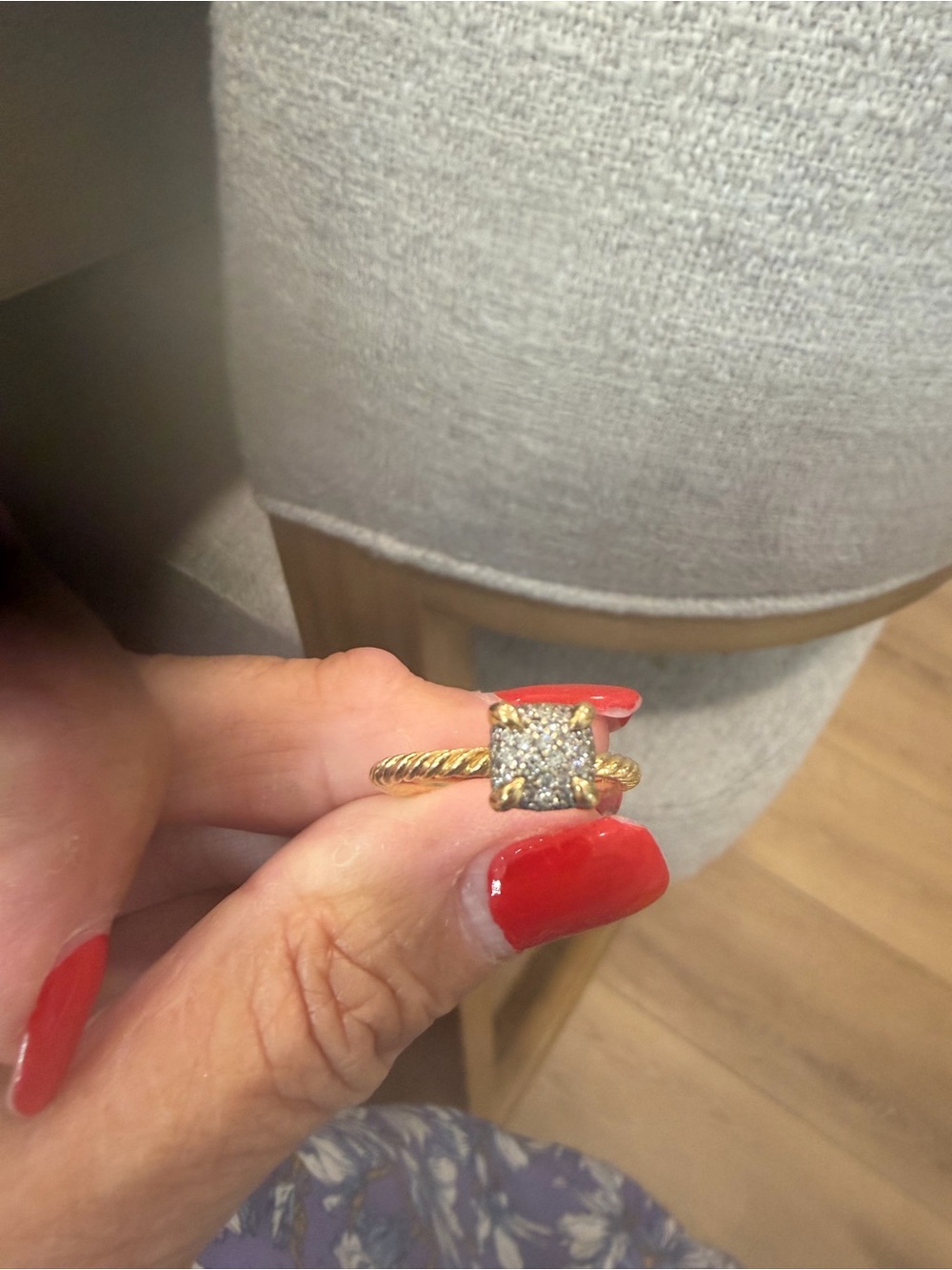 Gold-Tone Twisted Band Ring with Clear Square Pavé Center
